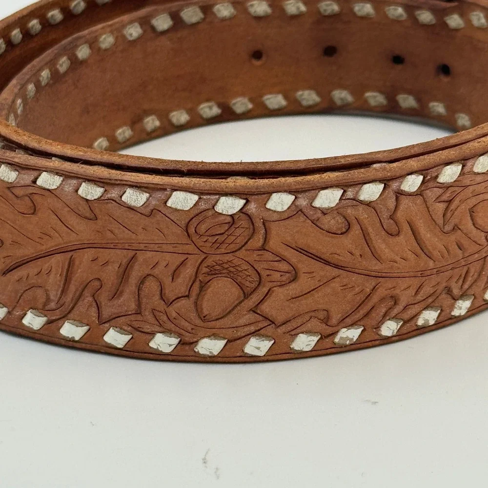 Custom Tooled Leather Belt David Personalized Buckstitch Western Tan Brown‎